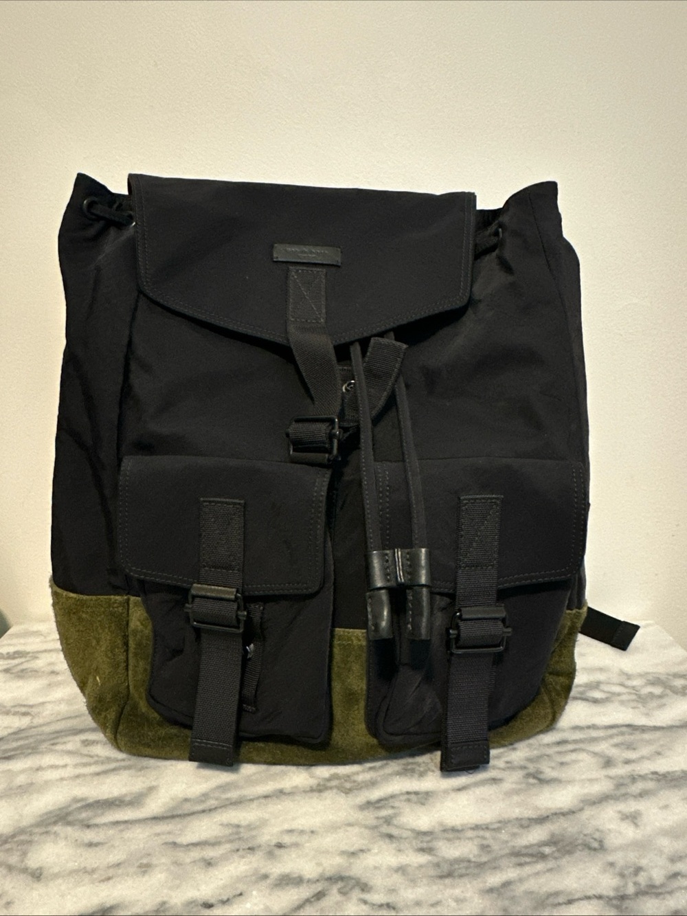 rag & bone Black Fleet Nylon Twill and Olive Suede Utility Backpack